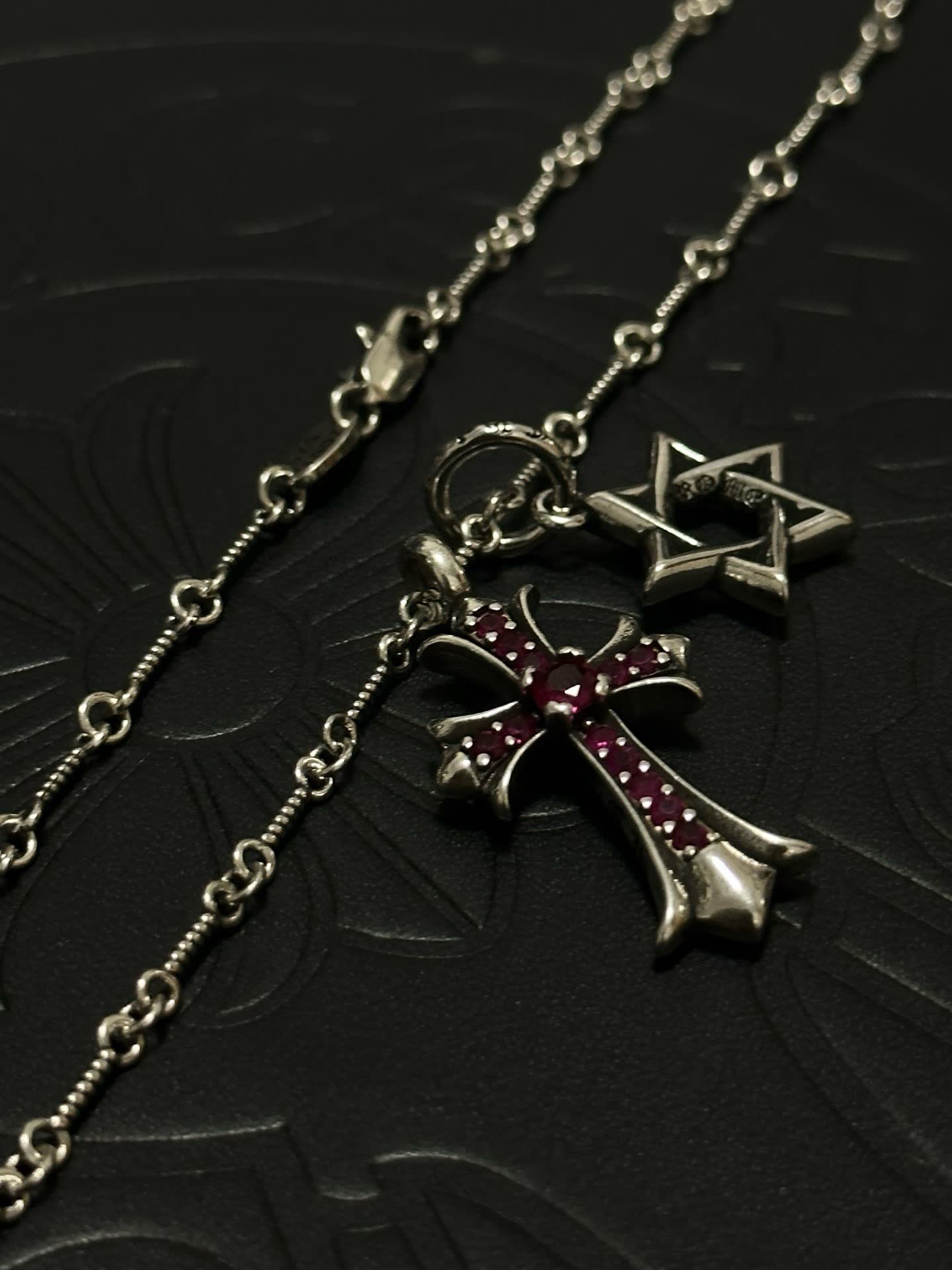 Chrome Hearts Silver Cross and Star of David Charm Necklace
